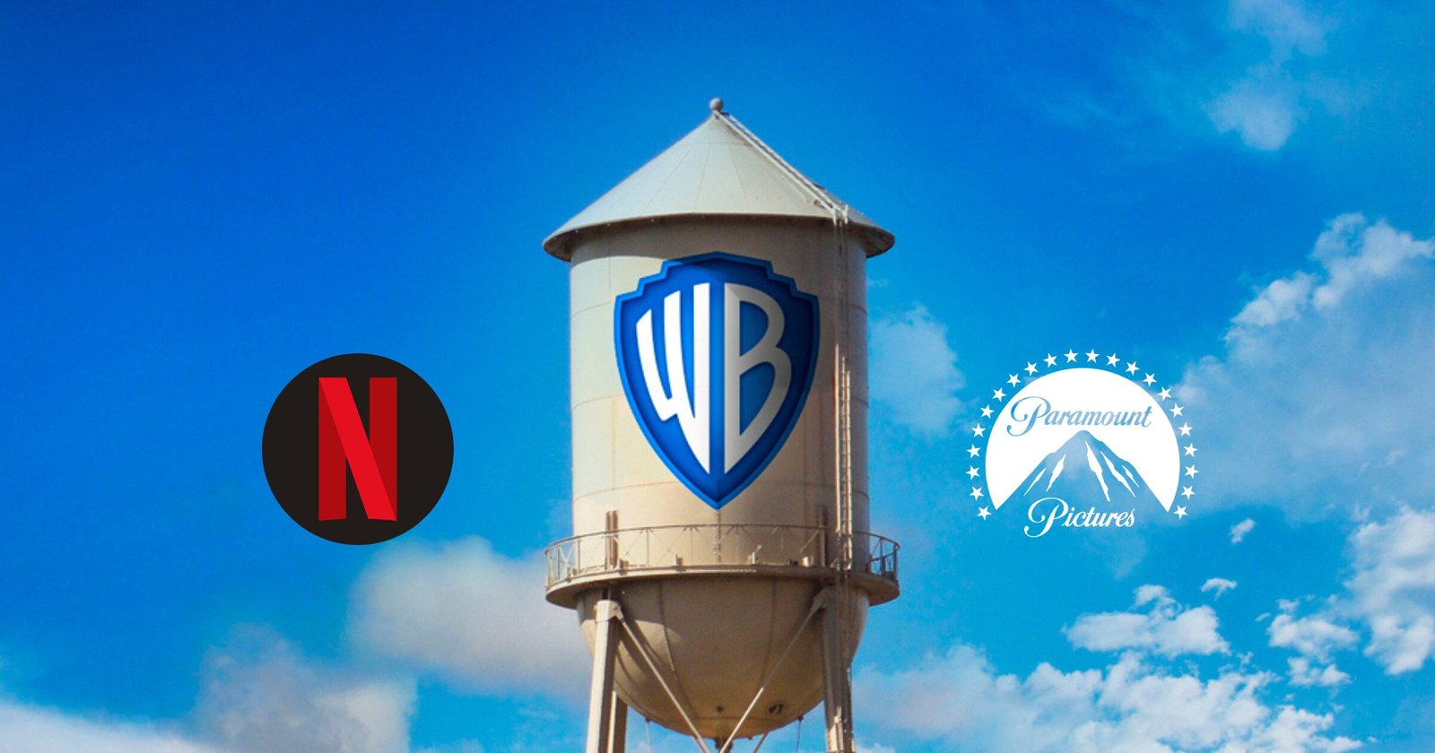 Depósito de agua de warner bros rodeado de los logos de Netflix y Paramount