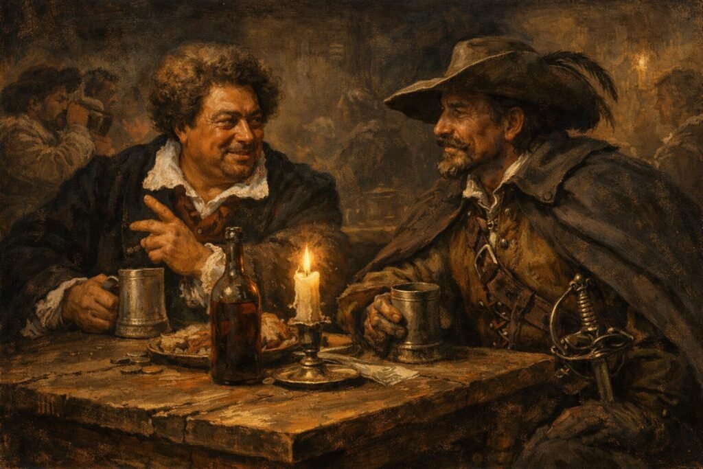 El capitán Alatriste conversa con Alexandre Dumas en una taberna.