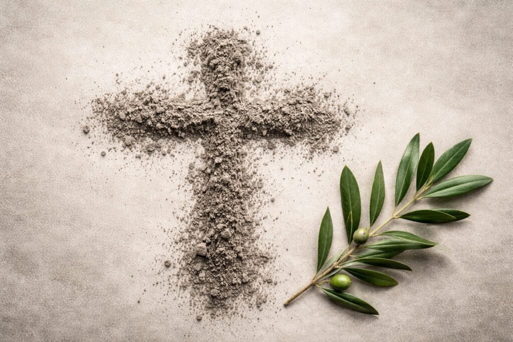 Cruz de ceniza acompañada de rama de olivo