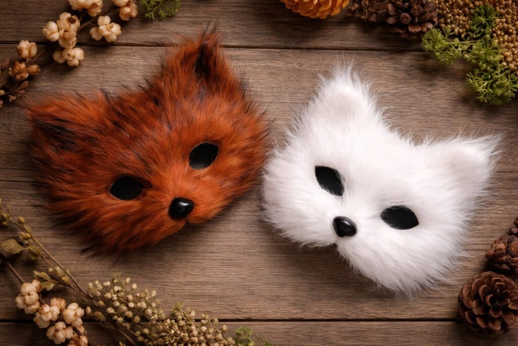 Dos máscaras peludas, una de zorro rojizo y otra blanca, reposan sobre una mesa de madera rodeadas de elementos naturales