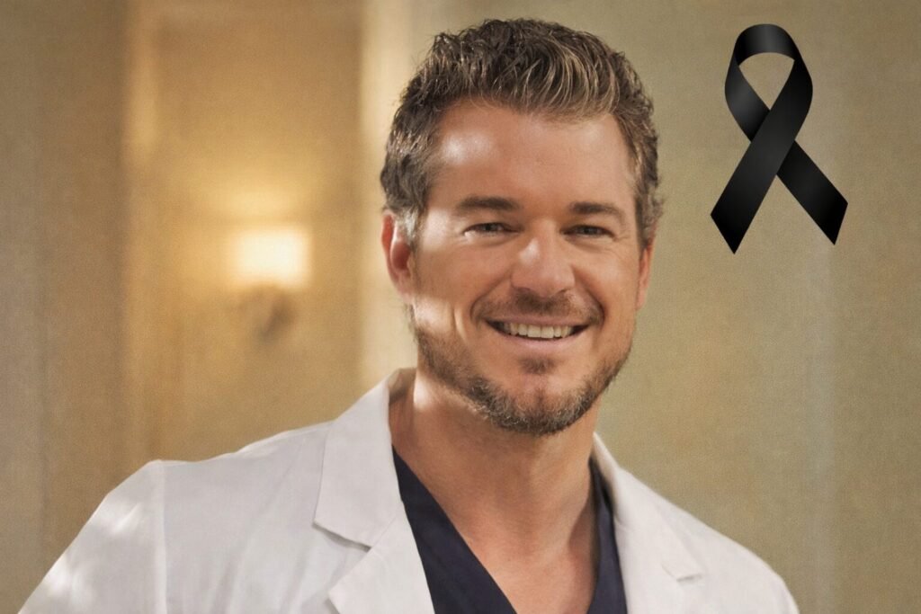 Retrato del actor con bata médica, sonrisa serena y un crespón negro en la esquina