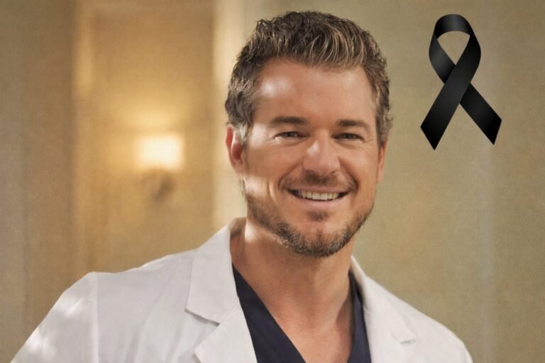 Retrato del actor con bata médica, sonrisa serena y un crespón negro en la esquina