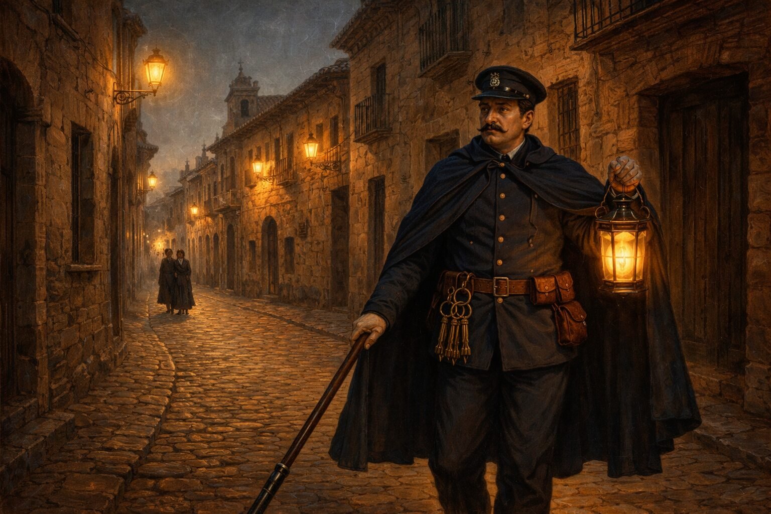 Sereno patrullando calle empedrada