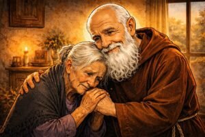 Fray Leopoldo consuela a una anciana | Imagen generativa