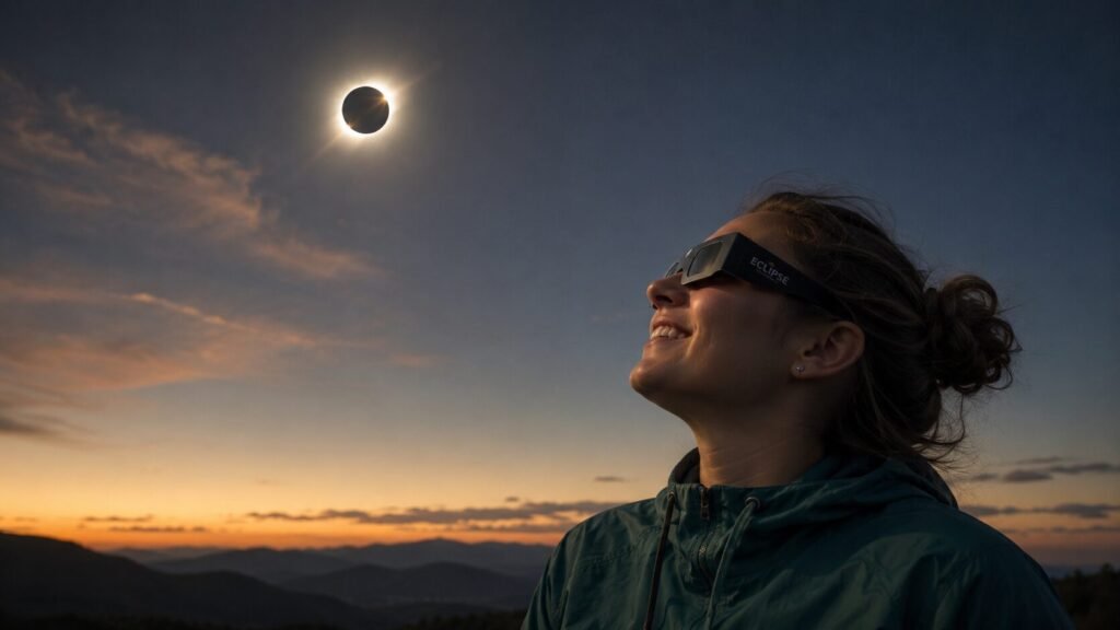Mujer observando el eclipse con gafas de protección | IA generativa