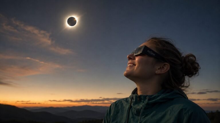Mujer observando el eclipse con gafas de protección | IA generativa