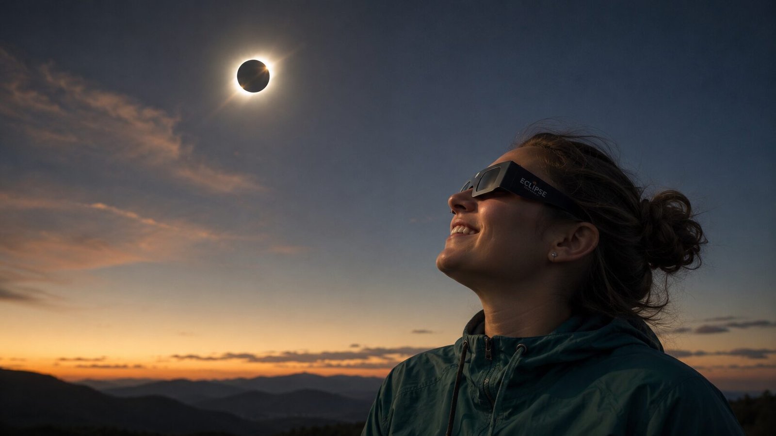 Mujer observando el eclipse con gafas de protección | IA generativa