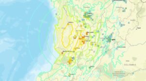 Mapa de intensidad del terremoto de magnitud 7,4 registrado en Colombia el 10 de agosto de 2026. Fuente: U.S. Geological Survey (USGS).