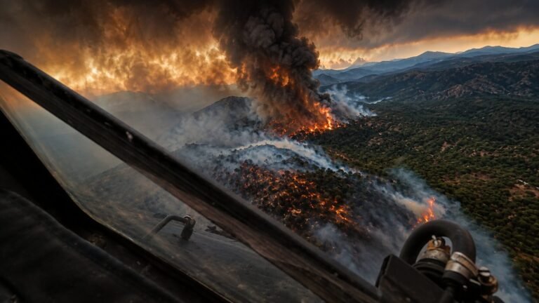 Incendio fortestal desde cabina del 43 Grupo | Imagen tratada con IA generativa